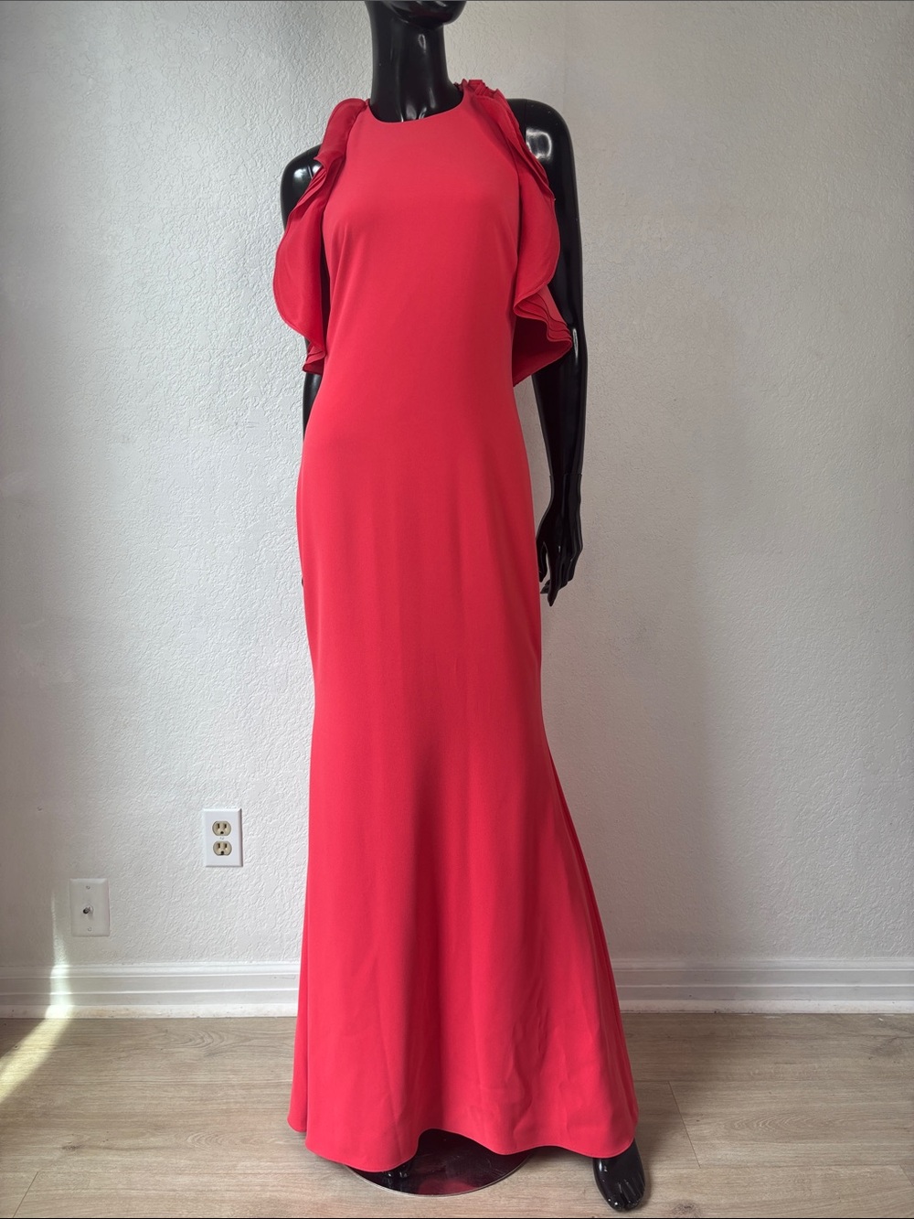 Badgley Mischka Red Ruffle-Back Maxi Gown
